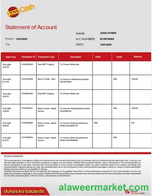 Pakistan Mobilink Microfinance Bank statement of account Word and PDF template, version 2